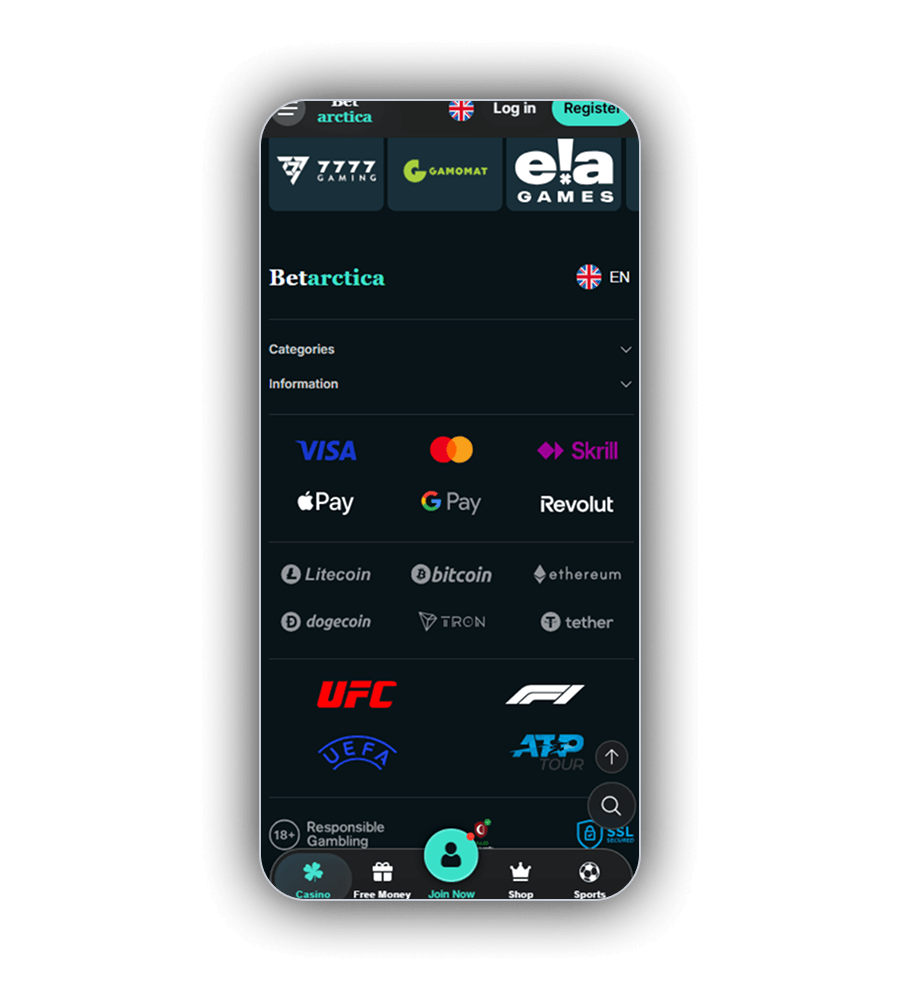 Voettekst van Betarctica met Visa, Mastercard, Skrill, Apple Pay, Google Pay, Revolut, Bitcoin, Ethereum, Dogecoin, TRON en tether