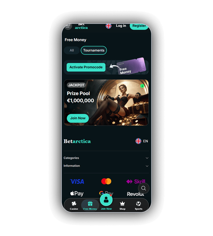 Free Money bij Betarctica met de filters All en Tournaments, de knop Activate Promocode, de Free Money ticket en de JACKPOT van een miljoen euro