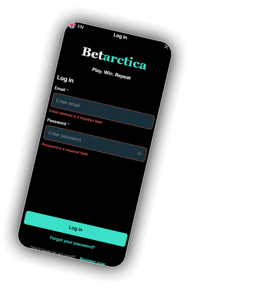 Inlogvenster van Betarctica met Play. Win. Repeat., de velden Email en Password met foutmeldingen, de knop Log in en Register now